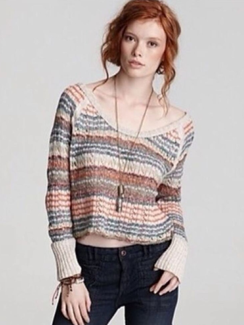 Free People Multicolor Striped Knit Sweater – Cream, Peach, Blue, Brown